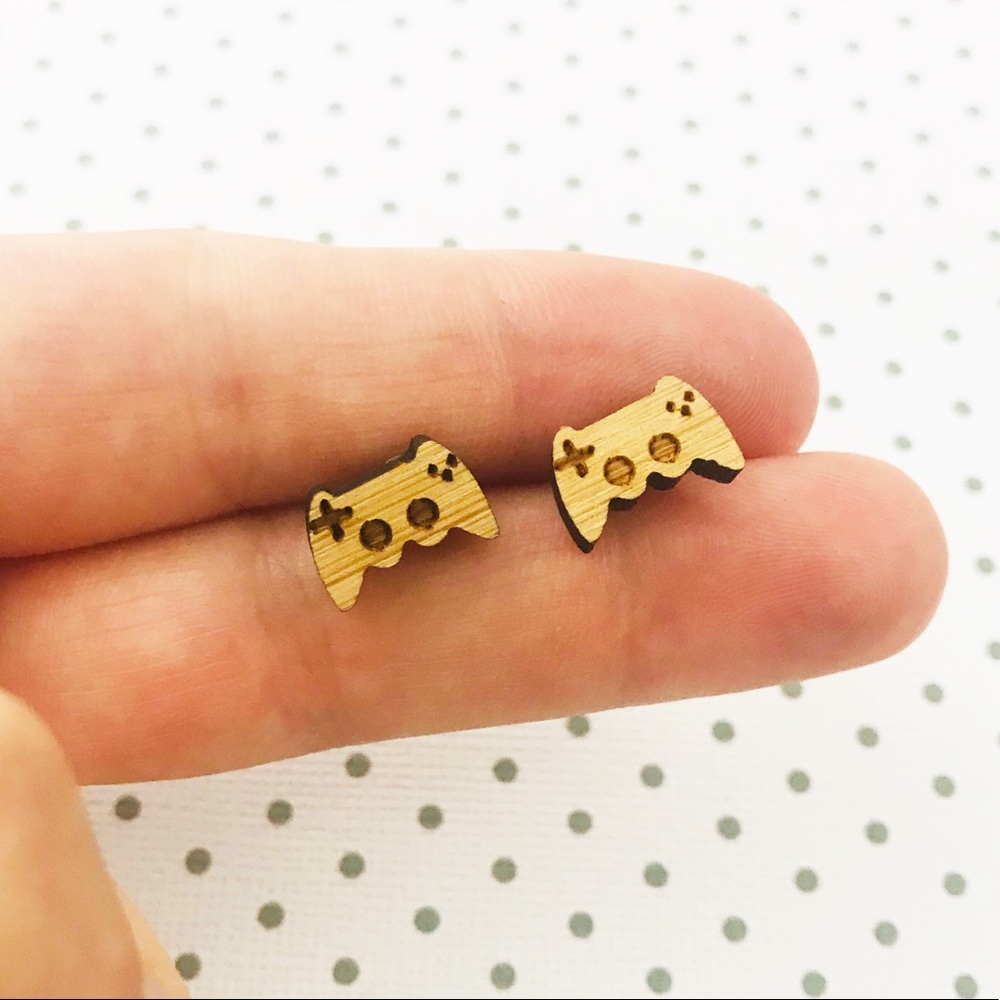 Round Wooden Earrings Game Controller Gamer